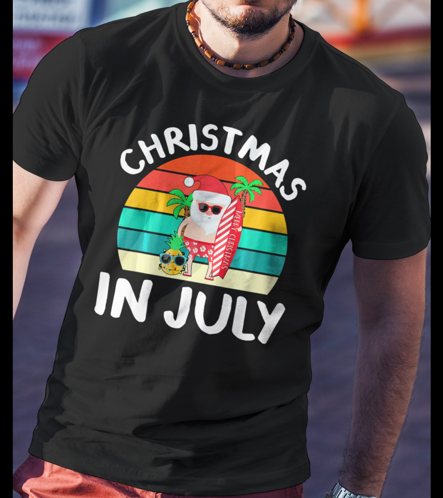 Christmas In July Vintage Santa Tropical Surfboard Merry Christmas T-Shirt
