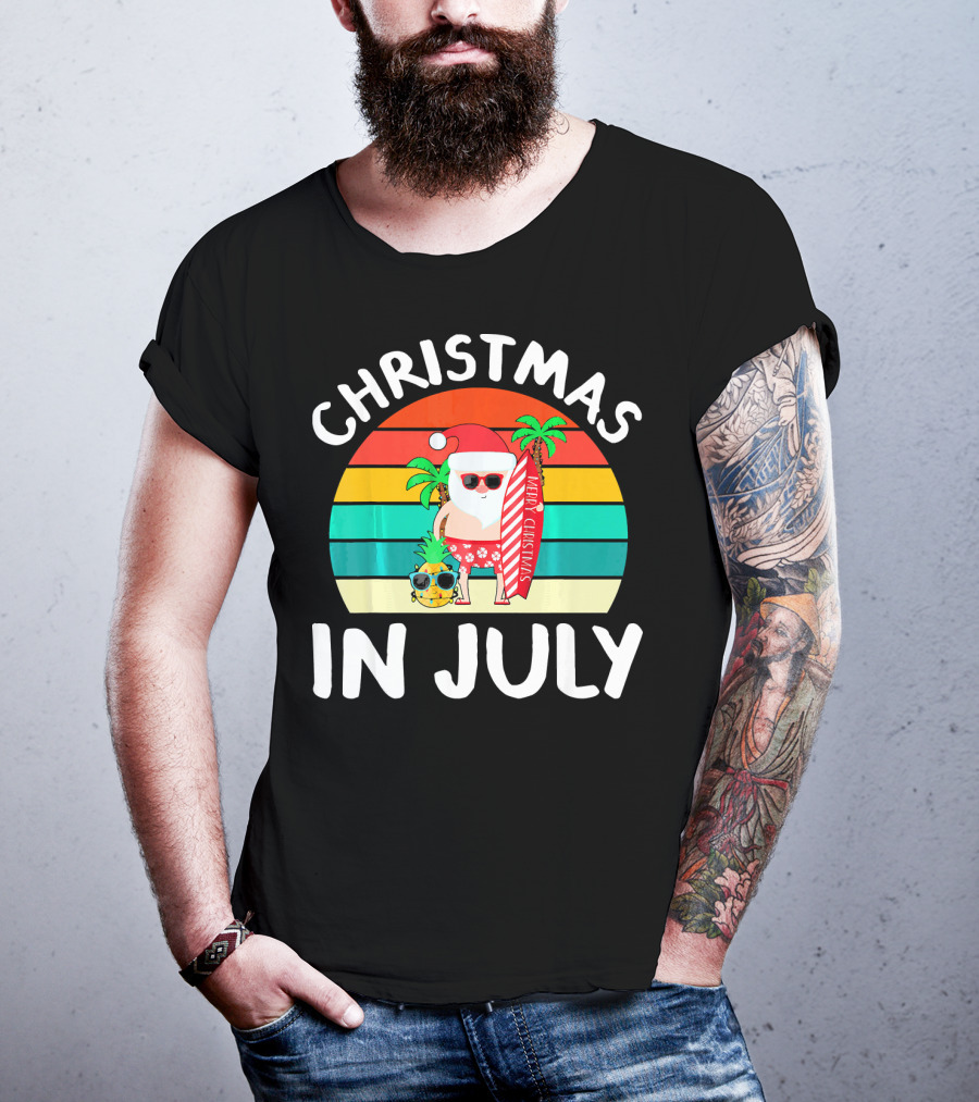 Christmas In July Vintage Santa Tropical Surfboard Merry Christmas T-Shirt