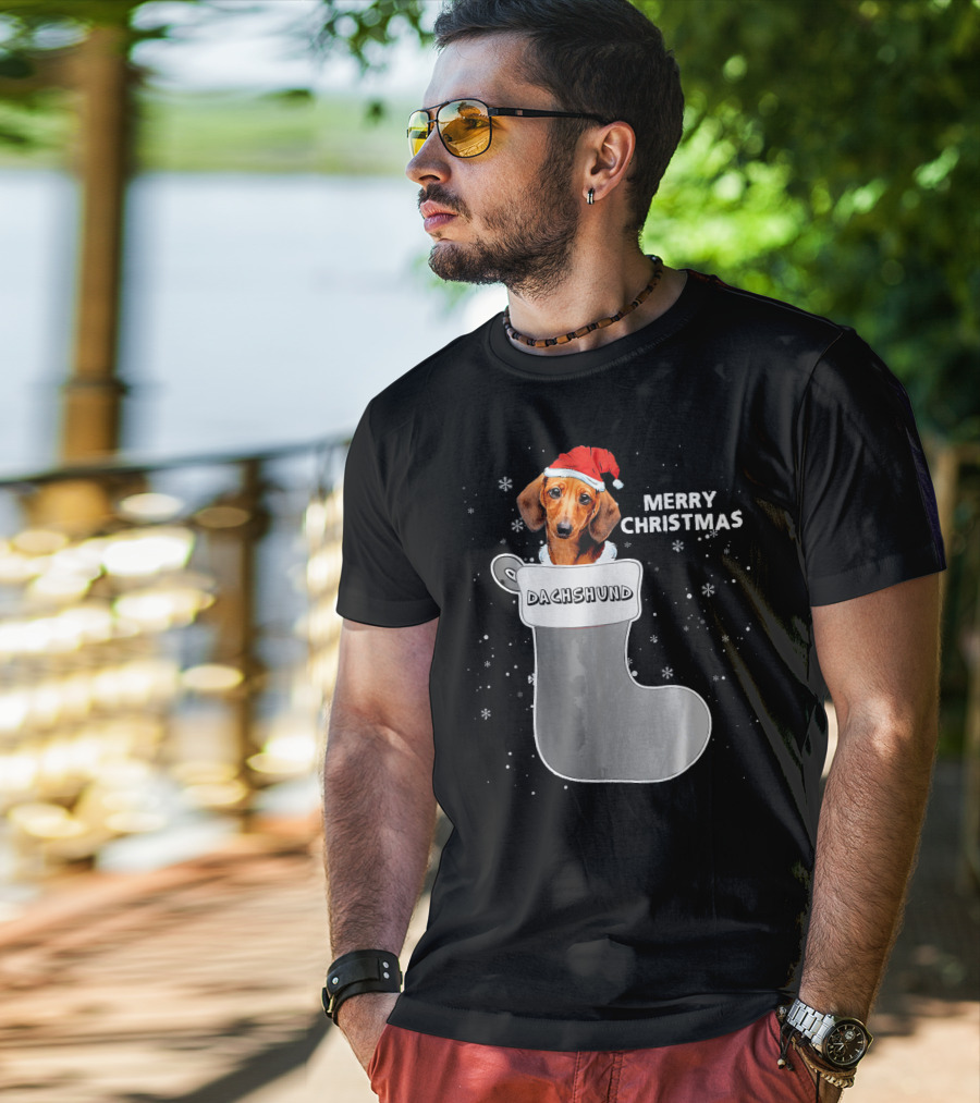 Dachshund Merry Christmas Sock Santa Hat T-Shirt