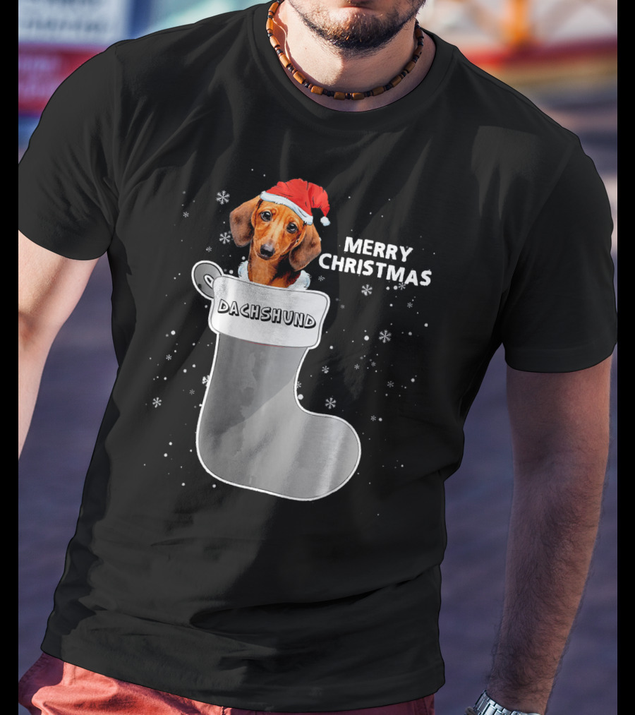 Dachshund Merry Christmas Sock Santa Hat T-Shirt
