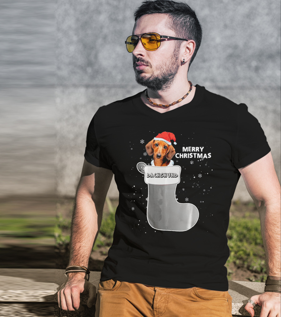 Dachshund Merry Christmas Sock Santa Hat T-Shirt