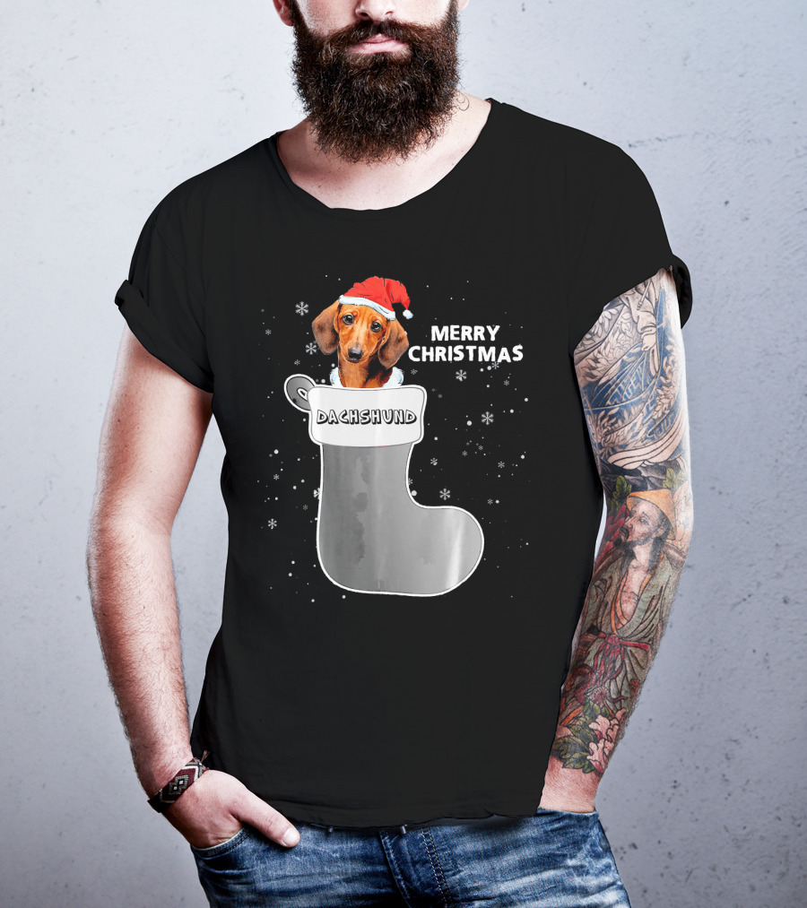 Dachshund Merry Christmas Sock Santa Hat T-Shirt
