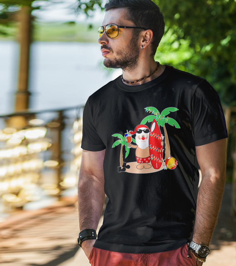 Santa Claus Surfing Hawaiian Summer Palm Trees And Lights T-Shirt