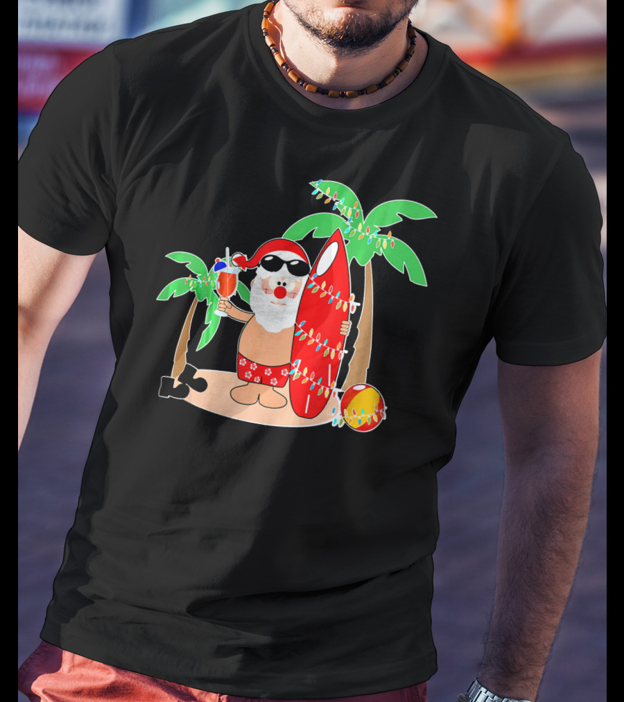 Santa Claus Surfing Hawaiian Summer Palm Trees And Lights T-Shirt