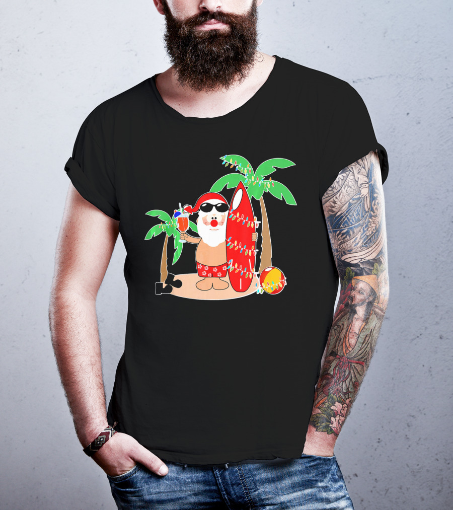 Santa Claus Surfing Hawaiian Summer Palm Trees And Lights T-Shirt