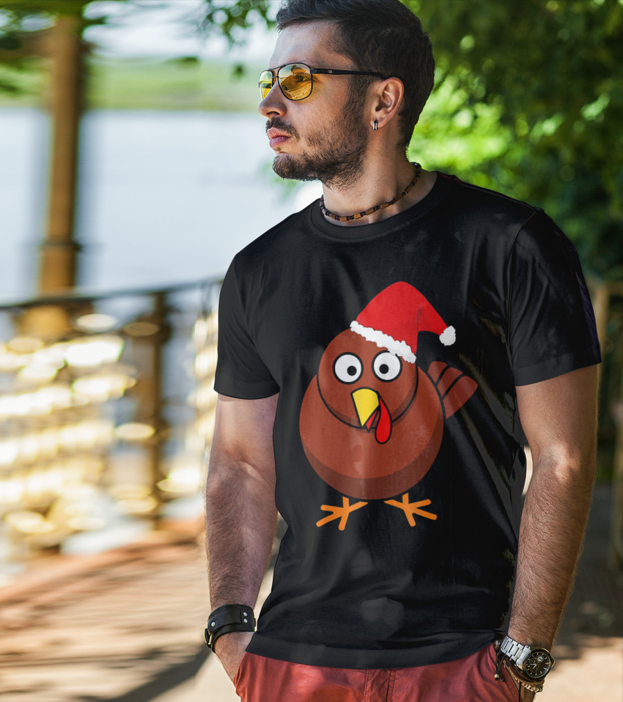 Funny Turkey Wearing A Santa Hat T-Shirt