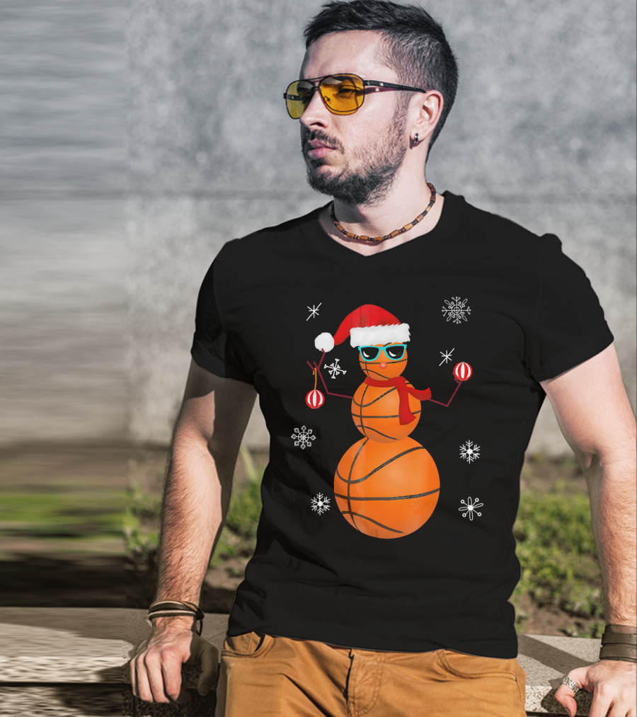Christmas Basketball Snowman Santa With Sunglasses And Ornaments T-Shirt