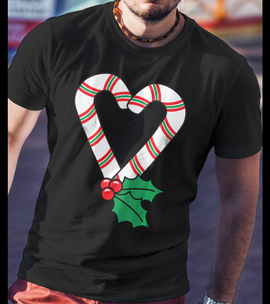 Christmas Candy Cane Heart Holly Berry T-Shirt
