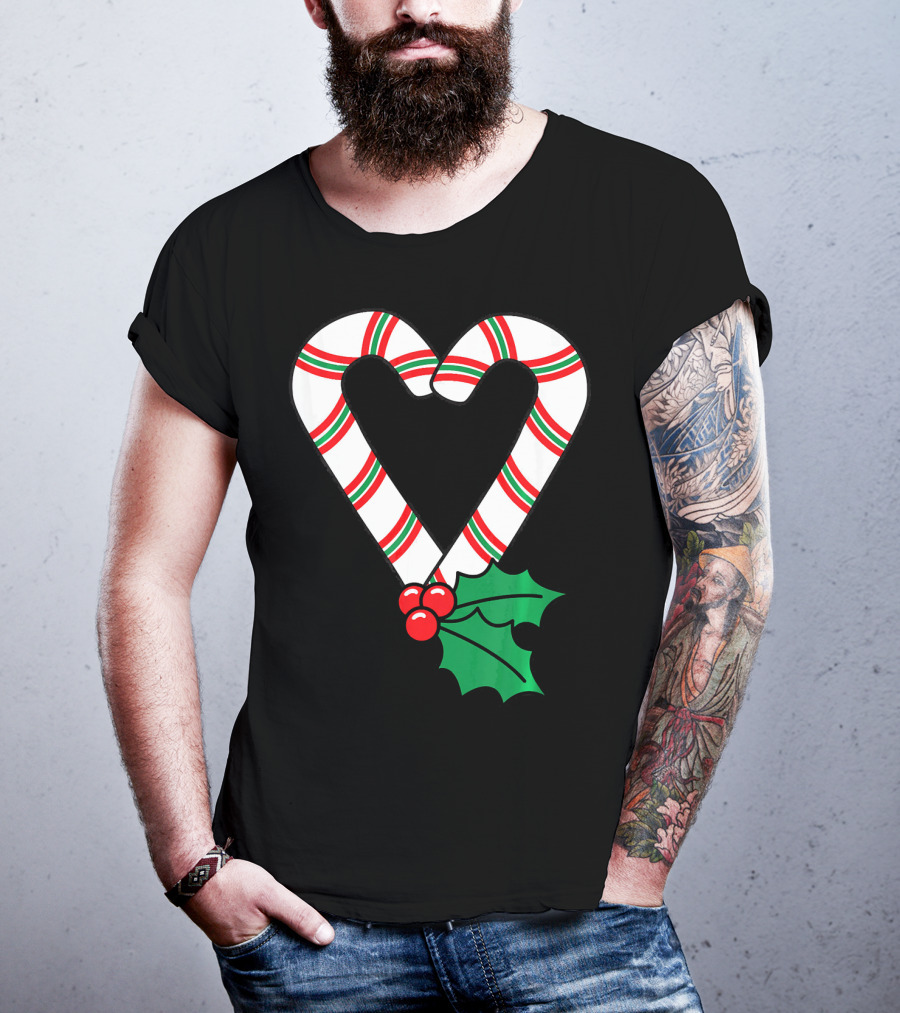Christmas Candy Cane Heart Holly Berry T-Shirt