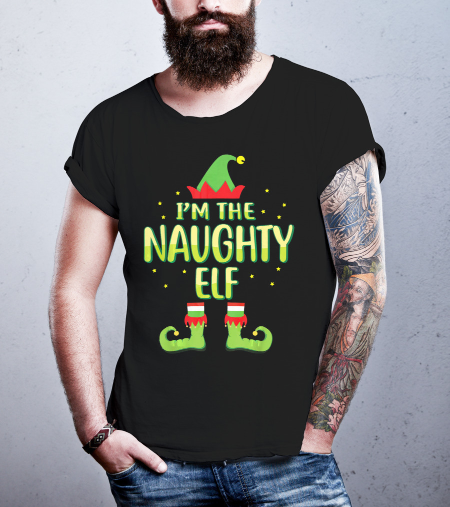 I’m The Naughty Elf Family Elf Hat And Shoes Fun Matching Group T-Shirt