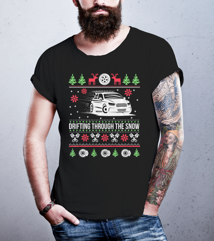 Drifting Through The Snow Christmas Car With Reindeer And Snowflakes T-Shirt