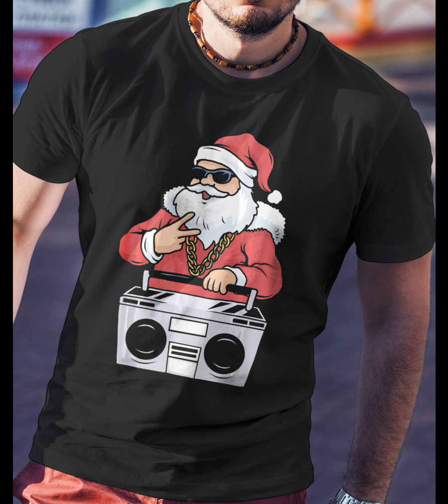 Santa Claus Rapper Style With Boombox And Bling T-Shirt