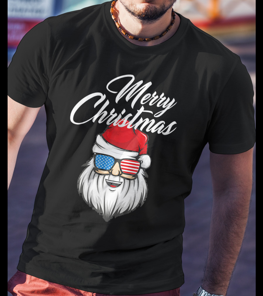 Merry Christmas Santa Claus Patriotic US Flag Sunglasses T-Shirt