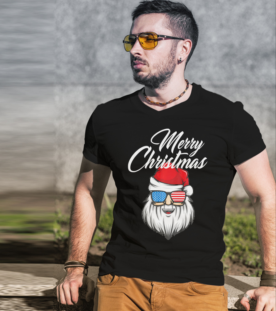 Merry Christmas Santa Claus Patriotic US Flag Sunglasses T-Shirt