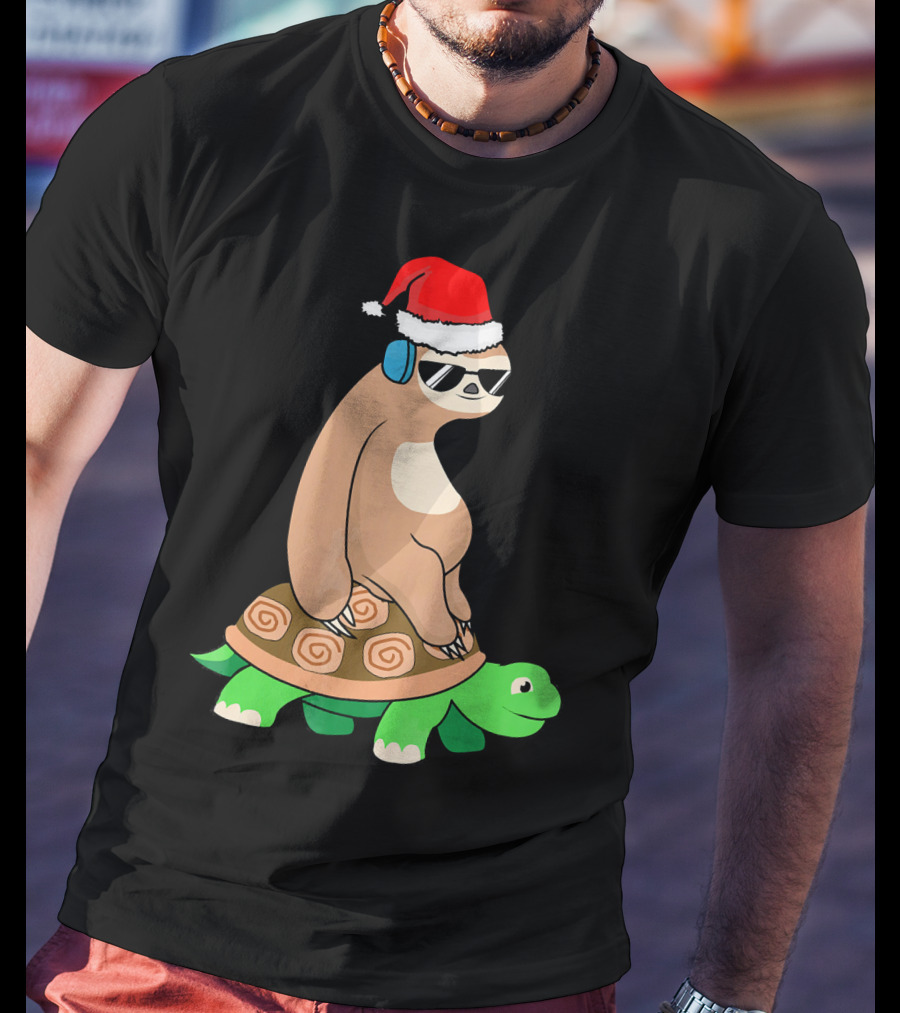 Xmas Sloth Riding Turtle Lazy Sloth Santa Hat Sunglasses T-Shirt