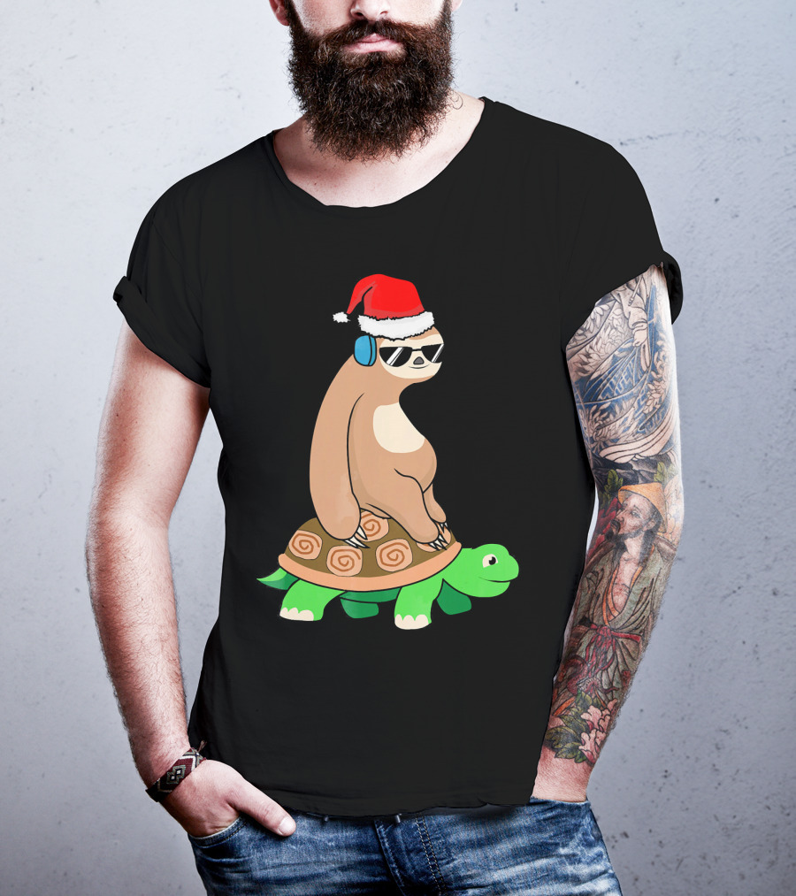 Xmas Sloth Riding Turtle Lazy Sloth Santa Hat Sunglasses T-Shirt