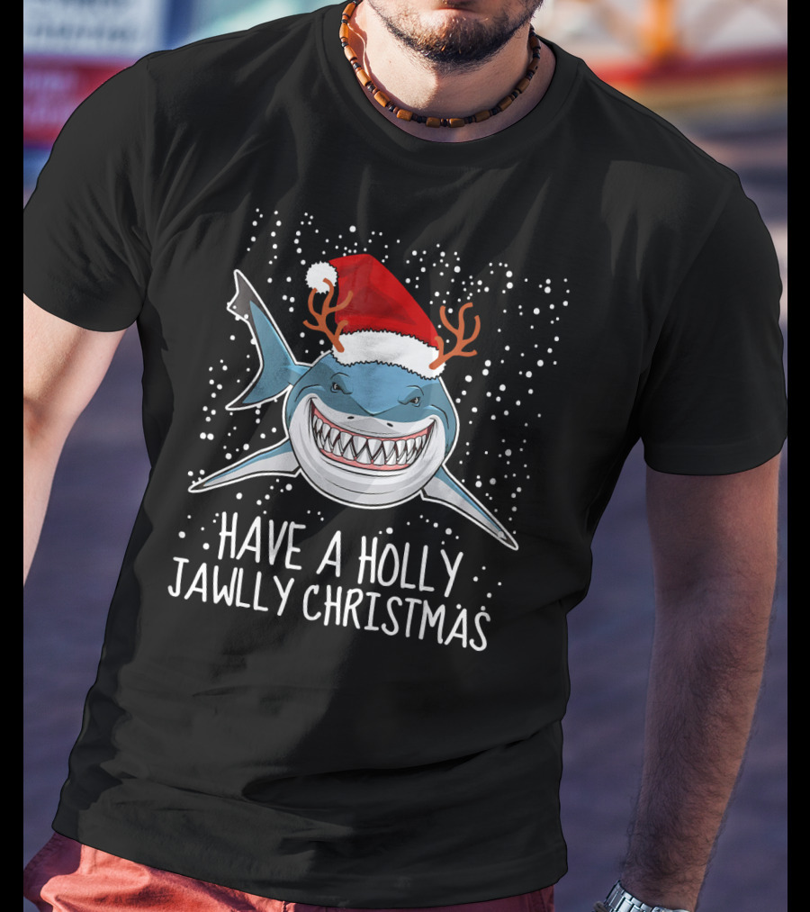 Have A Holly Jawlly Christmas Shark Santa Hat Reindeer Antlers T-Shirt