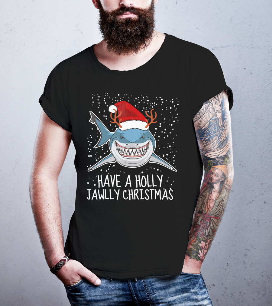 Have A Holly Jawlly Christmas Shark Santa Hat Reindeer Antlers T-Shirt