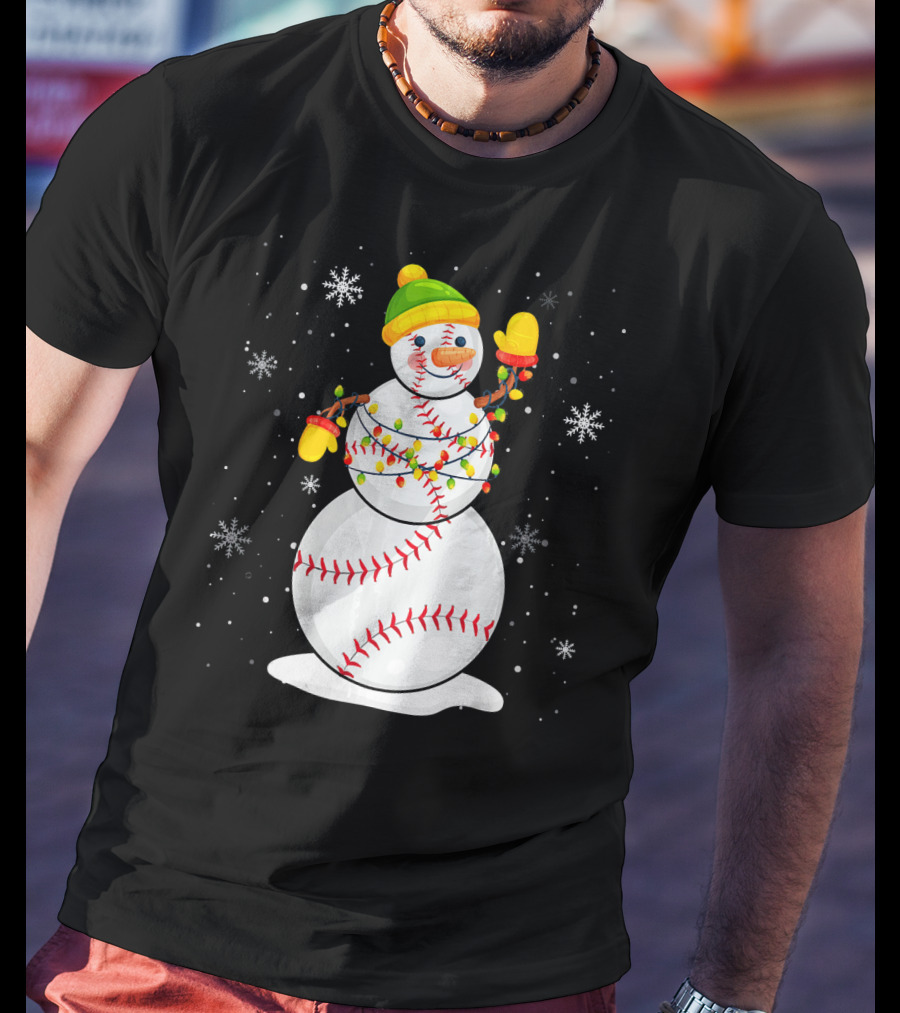 Christmas Snowman With Baseball Stitching And Santa Hat T-Shirt