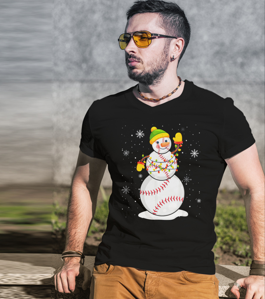Christmas Snowman With Baseball Stitching And Santa Hat T-Shirt