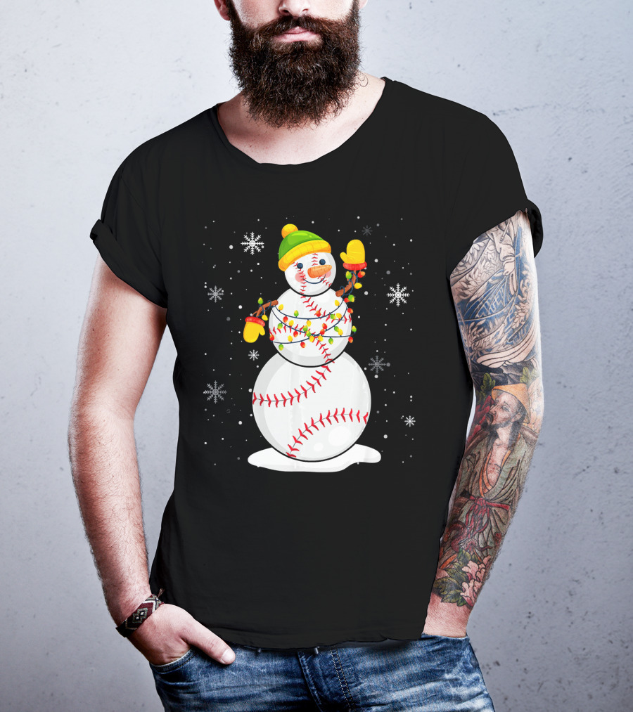 Christmas Snowman With Baseball Stitching And Santa Hat T-Shirt
