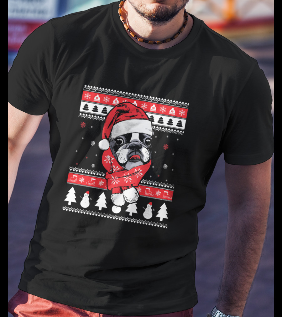 Funny Boston Terrier Christmas Santa Sweater Festive Dog T-Shirt