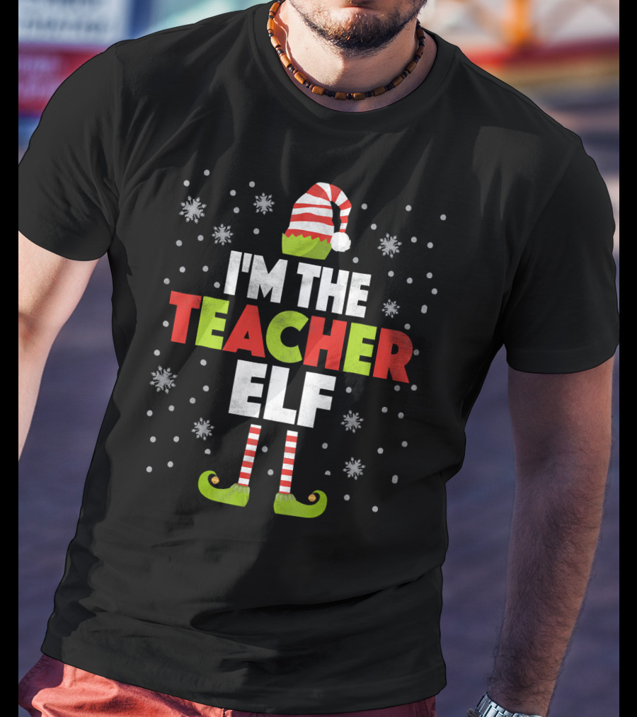 I'm The Teacher Elf Striped Hat And Shoes Snowflakes T-Shirt