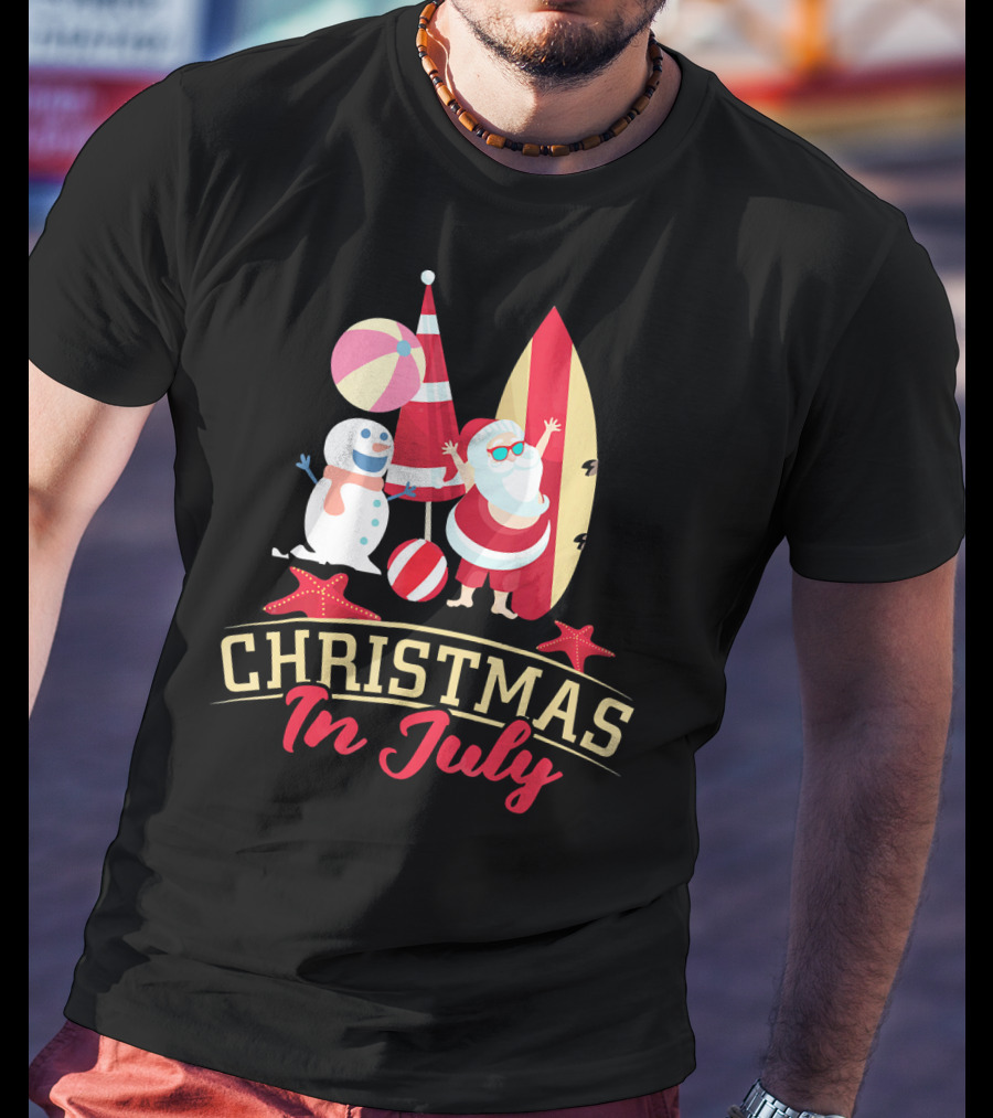 Christmas In July Santa Surfing Snowman Beach Ball T-Shirt