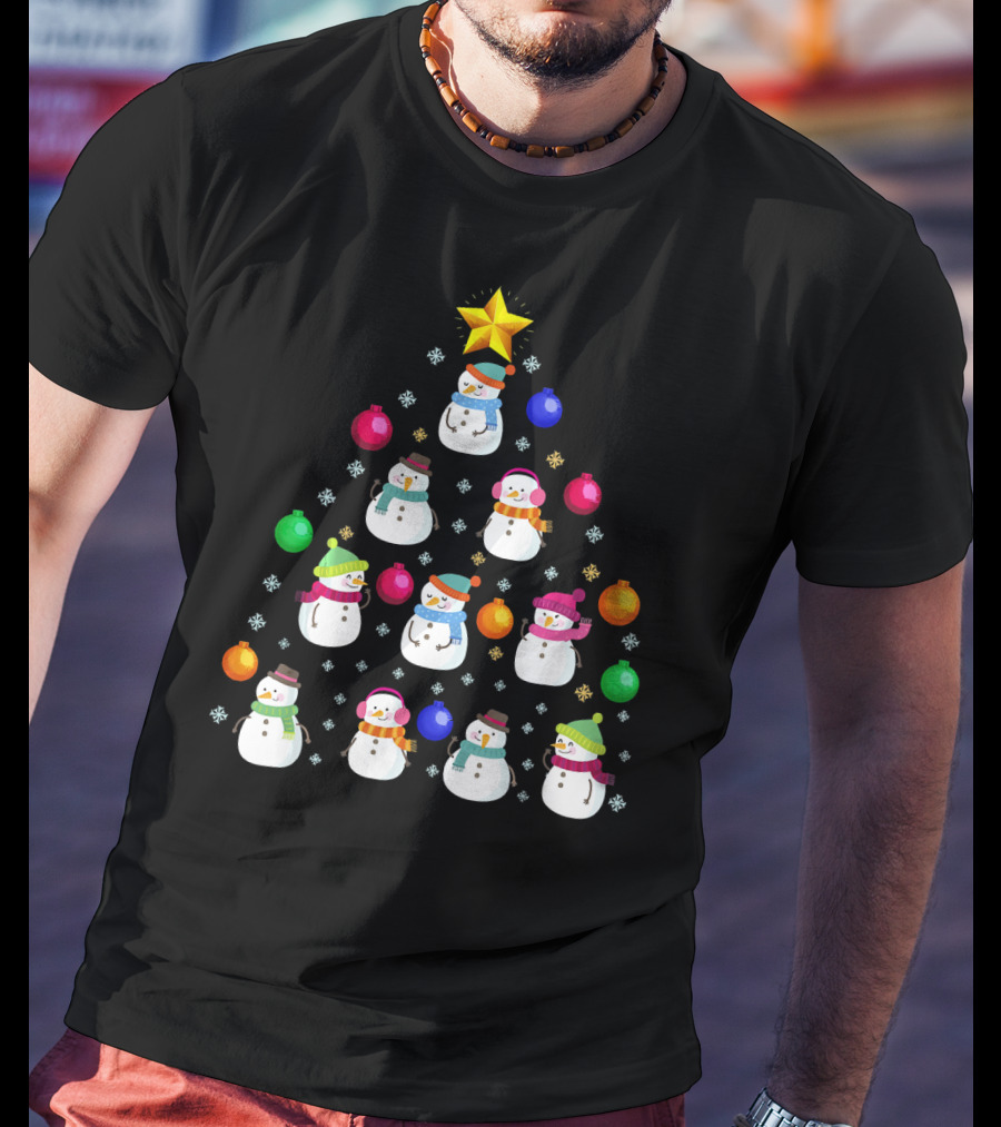 Funny Snowman Christmas Tree Ornament With Colorful Baubles And Star T-Shirt