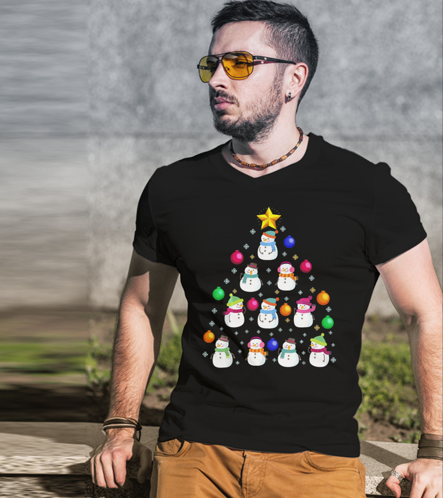 Funny Snowman Christmas Tree Ornament With Colorful Baubles And Star T-Shirt