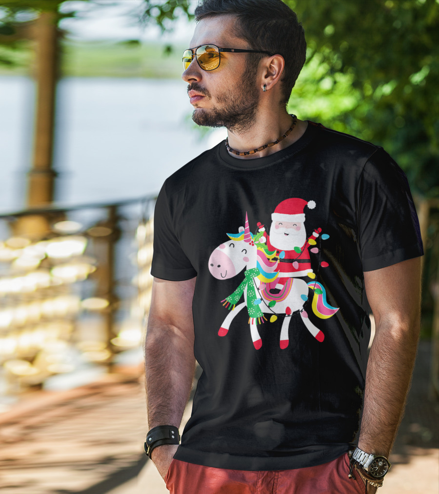 Santa Claus Riding Unicorn With Christmas Lights And Scarf T-Shirt