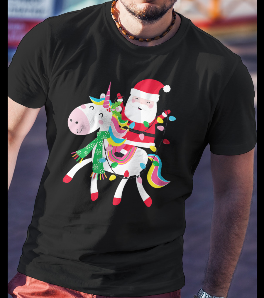Santa Claus Riding Unicorn With Christmas Lights And Scarf T-Shirt
