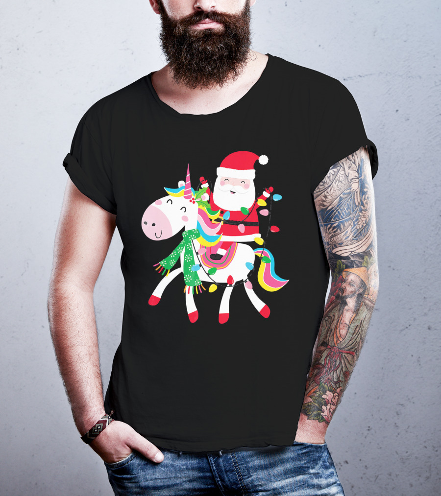 Santa Claus Riding Unicorn With Christmas Lights And Scarf T-Shirt