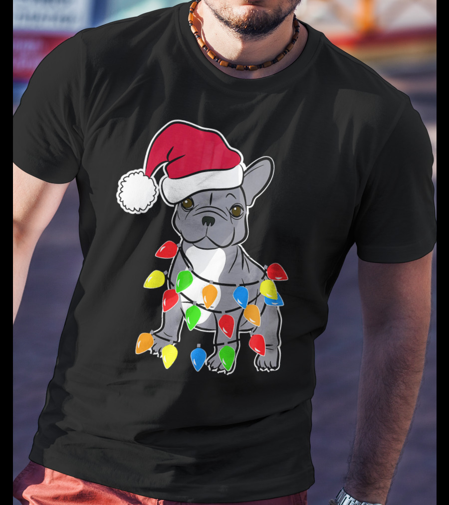 Santa French Bulldog With Christmas Lights T-Shirt