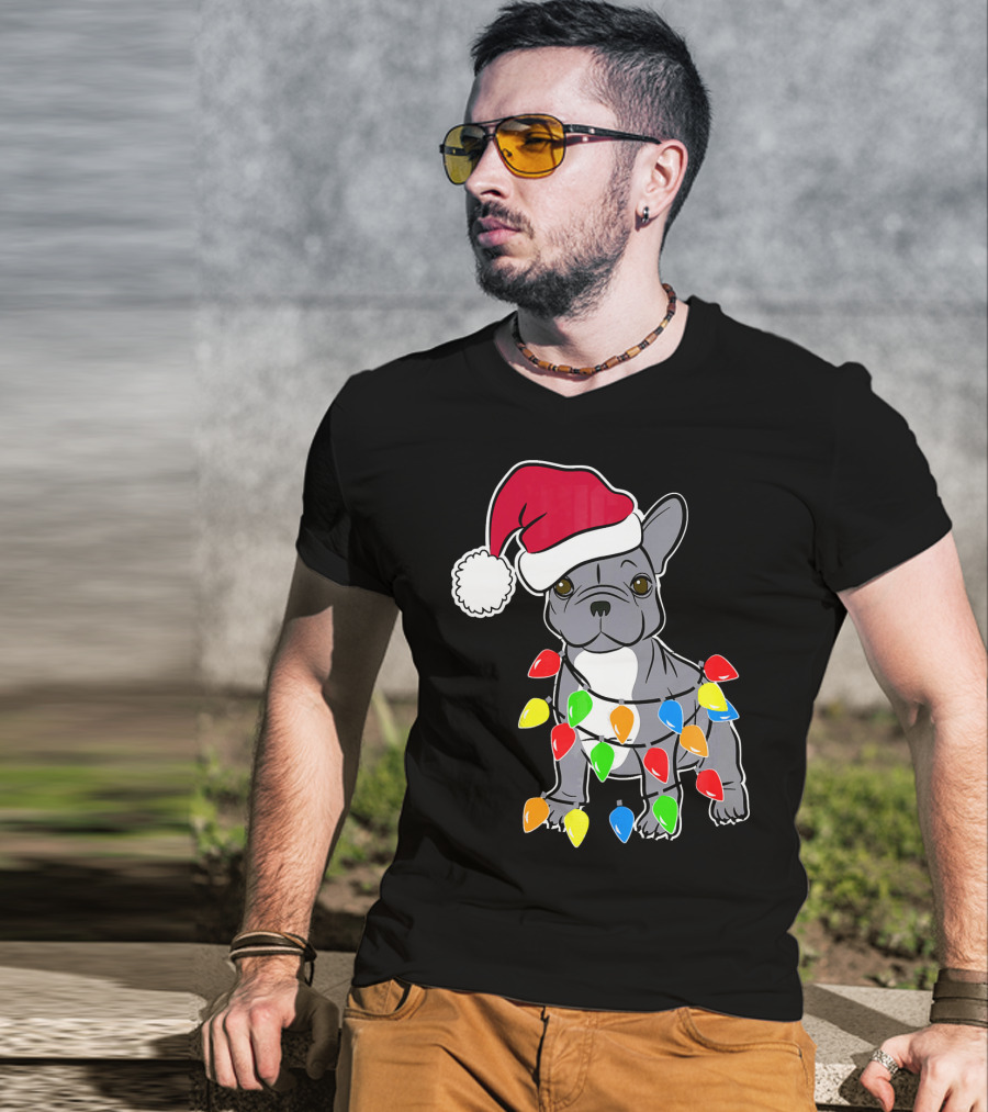 Santa French Bulldog With Christmas Lights T-Shirt