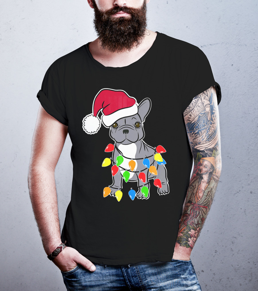 Santa French Bulldog With Christmas Lights T-Shirt
