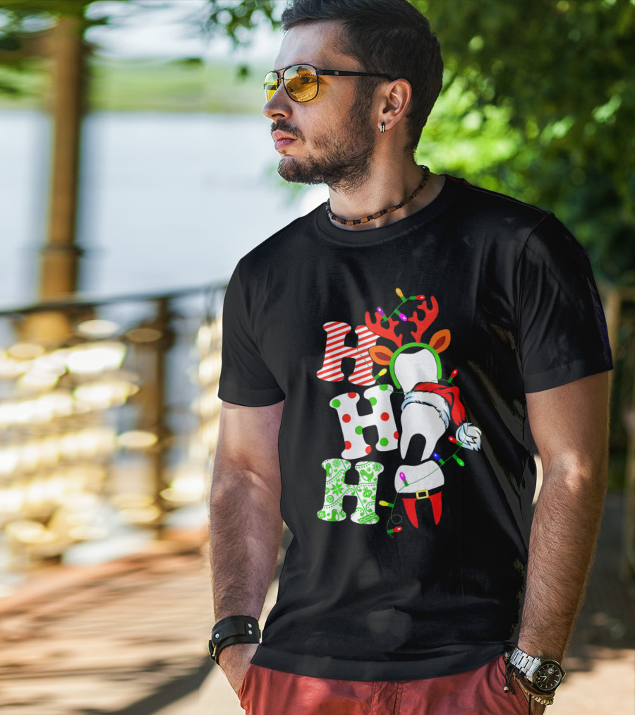 Ho Ho Ho Funny Santa Teeth Christmas Lights Reindeer Antlers T-Shirt