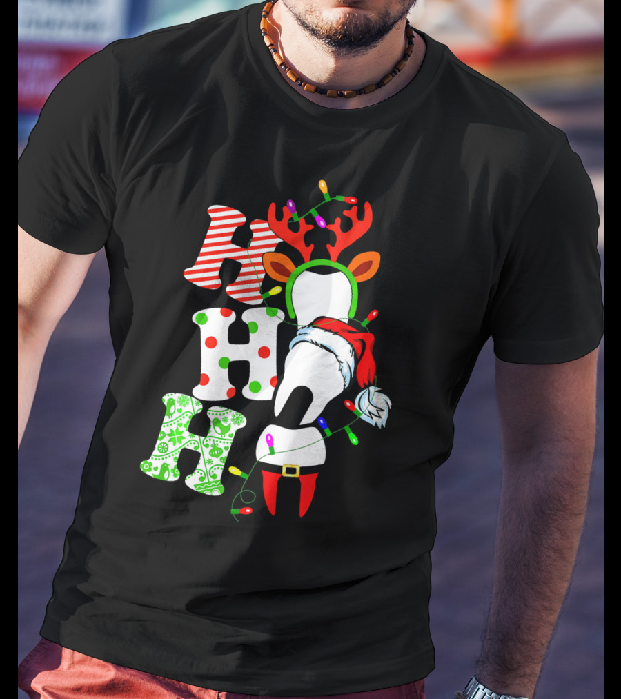 Ho Ho Ho Funny Santa Teeth Christmas Lights Reindeer Antlers T-Shirt
