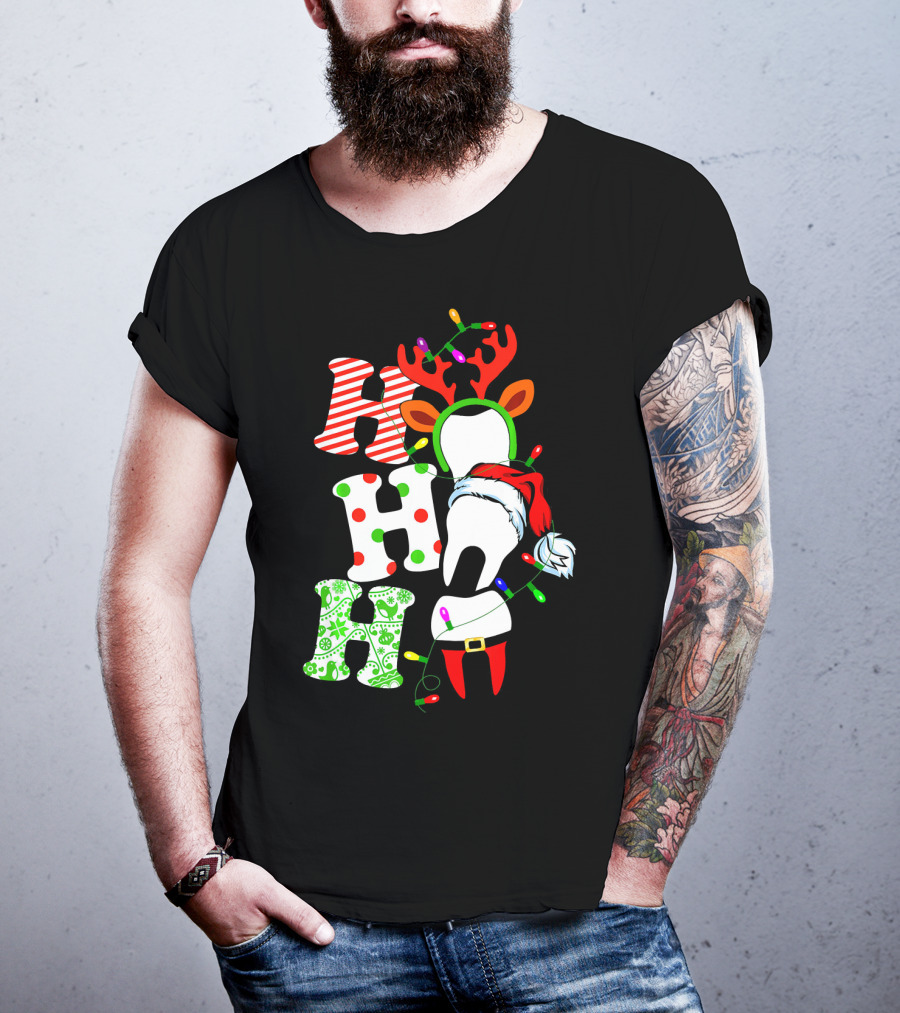 Ho Ho Ho Funny Santa Teeth Christmas Lights Reindeer Antlers T-Shirt