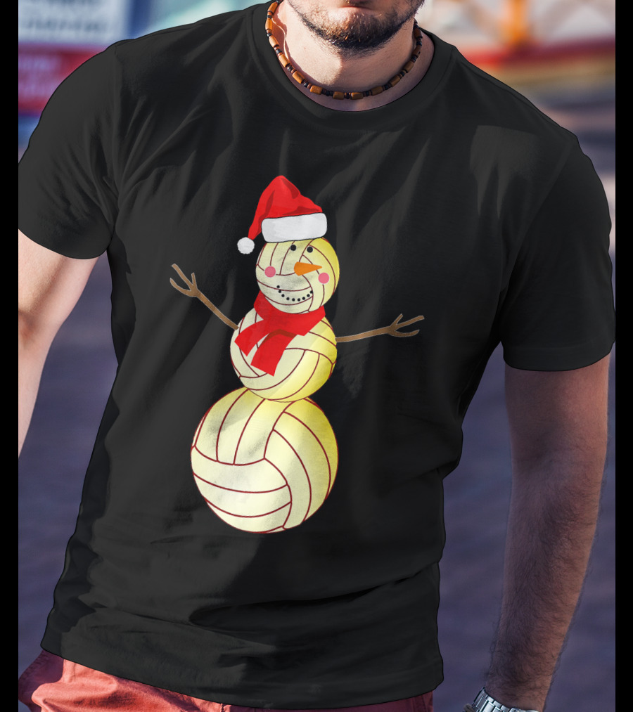 Funny Volleyball Snowman With Santa Hat And Scarf T-Shirt
