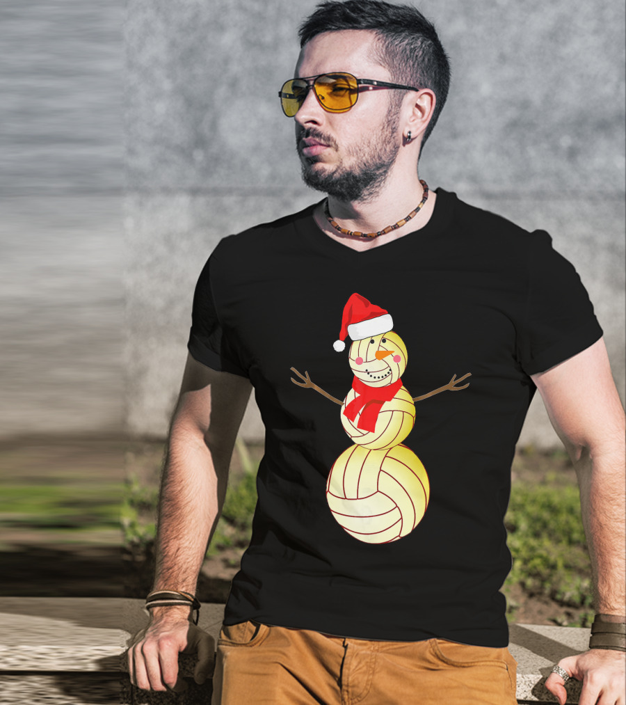 Funny Volleyball Snowman With Santa Hat And Scarf T-Shirt