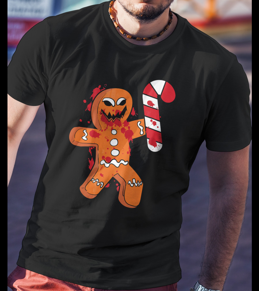 Christmas Horror Scary Gingerbread With Bloody Candy Cane T-Shirt