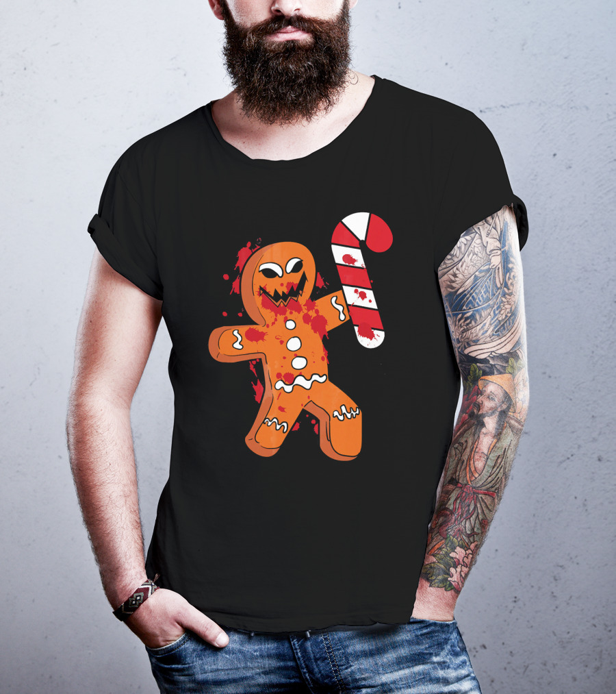 Christmas Horror Scary Gingerbread With Bloody Candy Cane T-Shirt