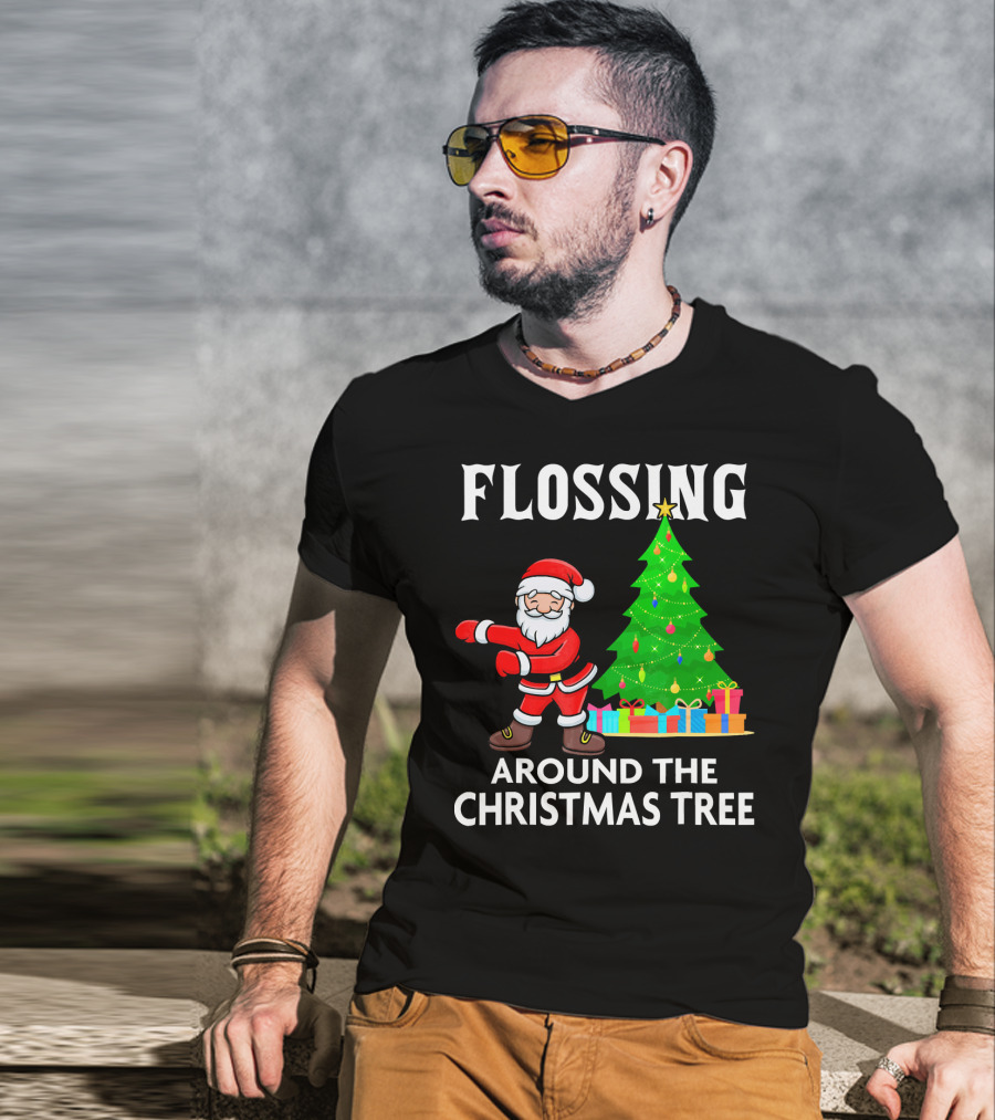 Flossing Santa Dancing Around The Christmas Tree With Presents T-Shirt