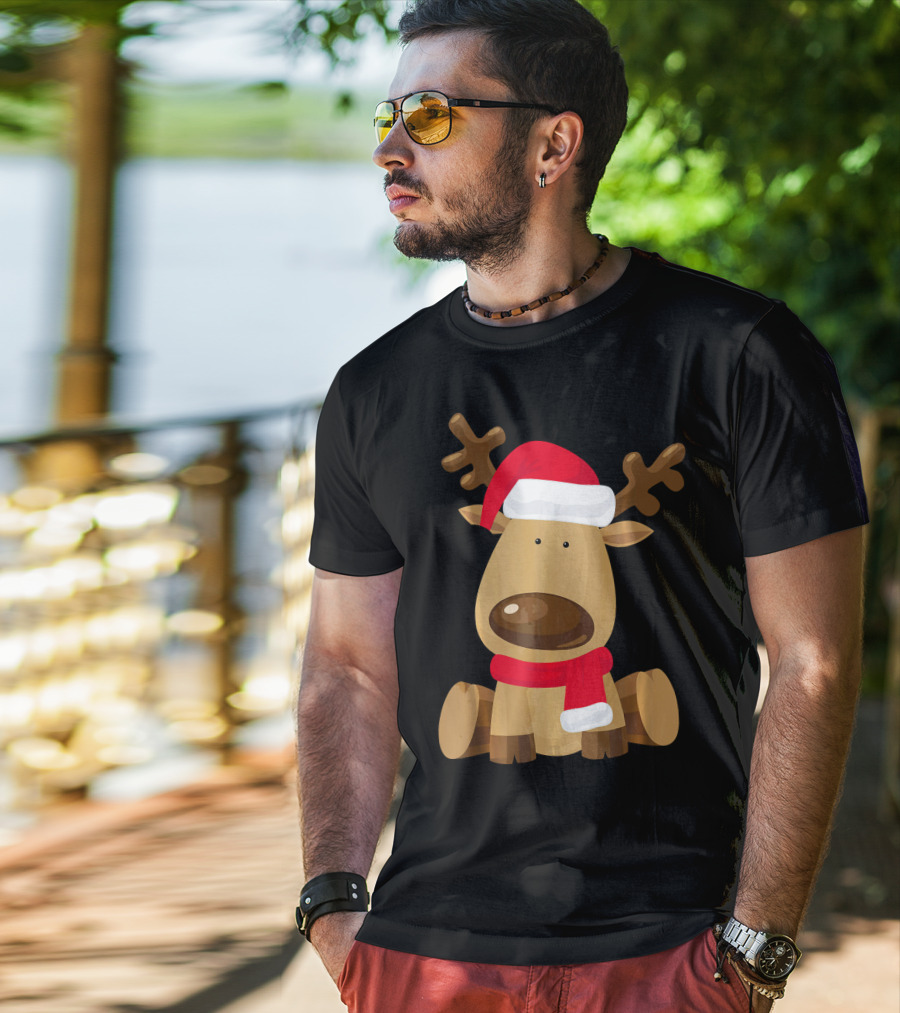 Adorable Festive Reindeer With Santa Hat And Scarf T-Shirt