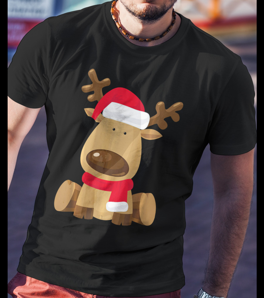 Adorable Festive Reindeer With Santa Hat And Scarf T-Shirt