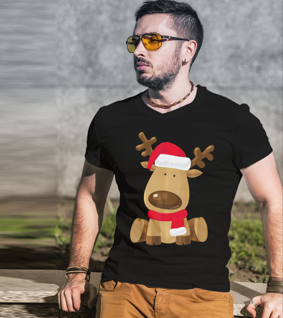 Adorable Festive Reindeer With Santa Hat And Scarf T-Shirt