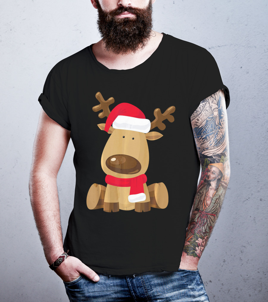 Adorable Festive Reindeer With Santa Hat And Scarf T-Shirt