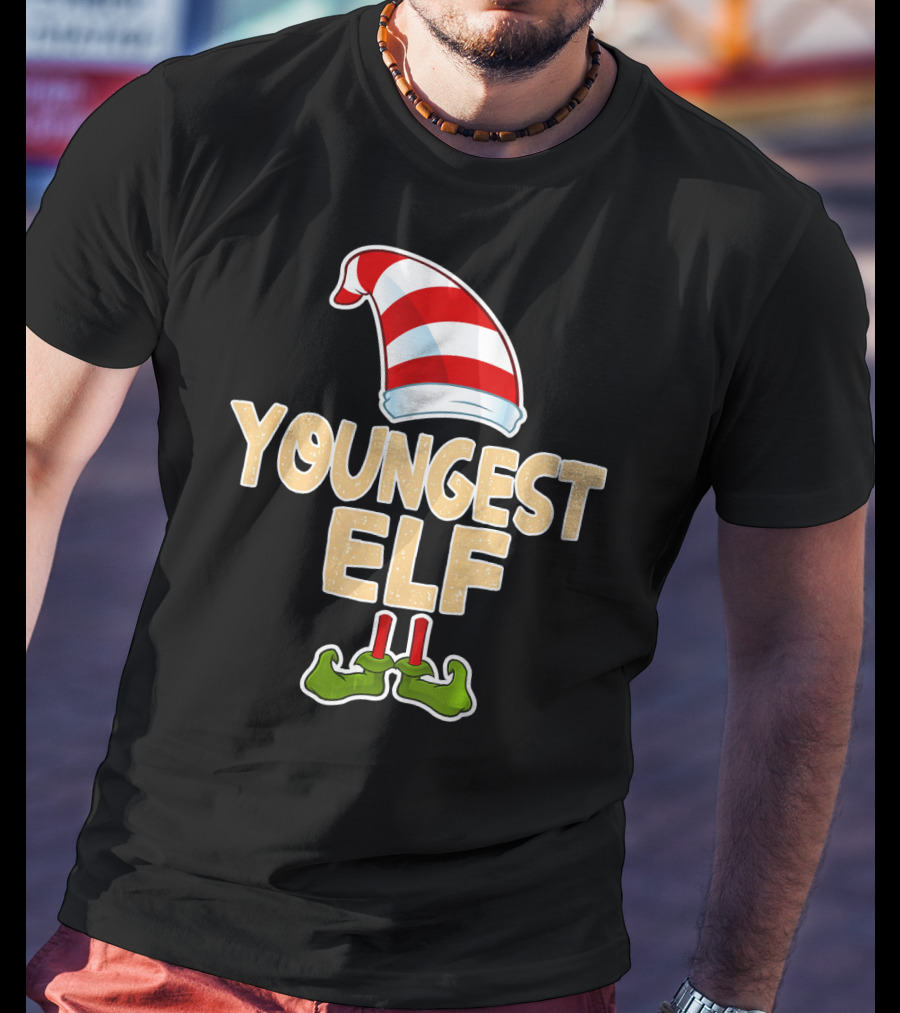 Youngest Elf Hat And Shoes Holiday Humor T-Shirt