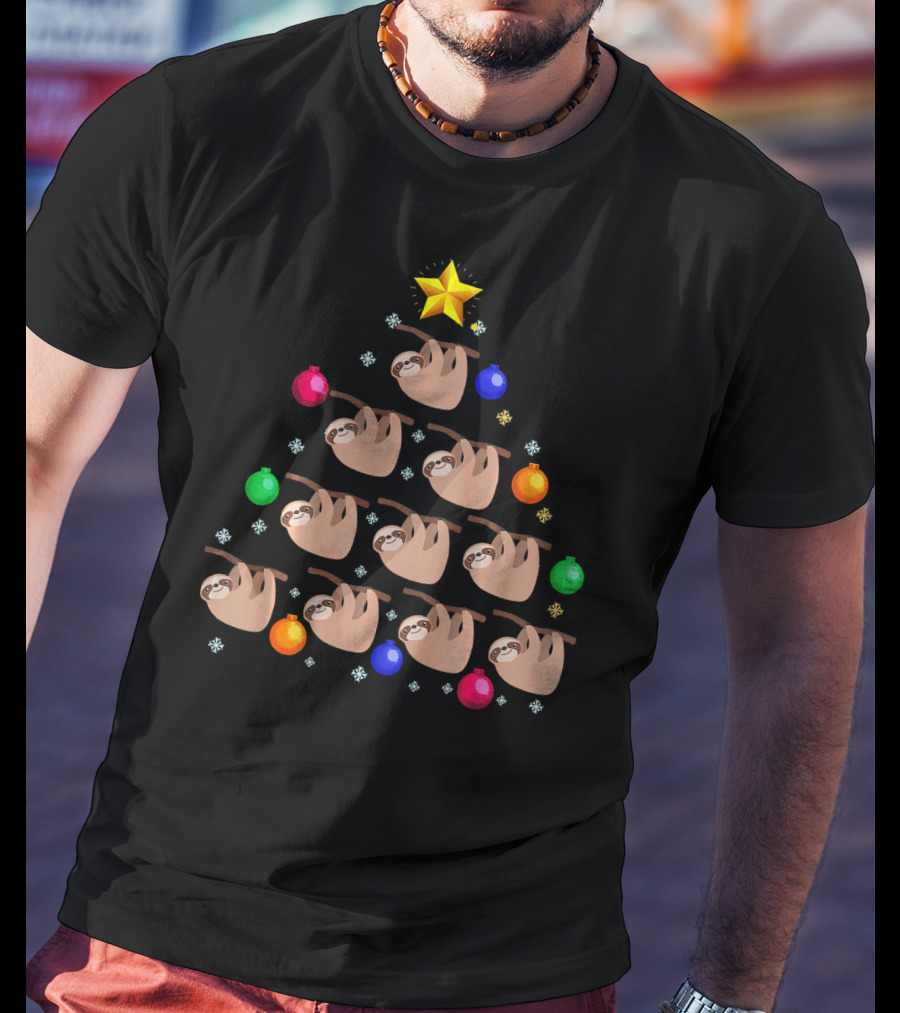 Sloth Hanging On Christmas Tree Ornaments With Star And Snowflakes T-Shirt